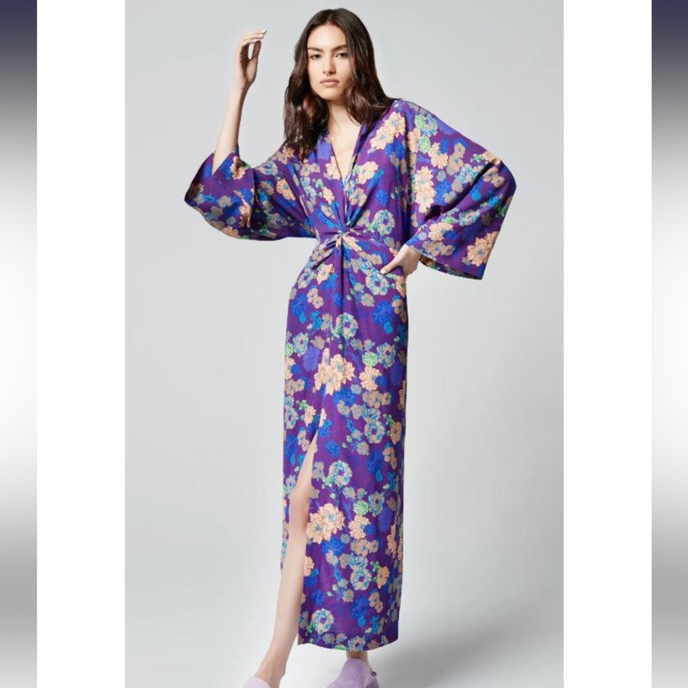 •NEW•SMYTHE Purple Violet Floral Long Sleeve Twist Slit Midi Wedding Guest Dress